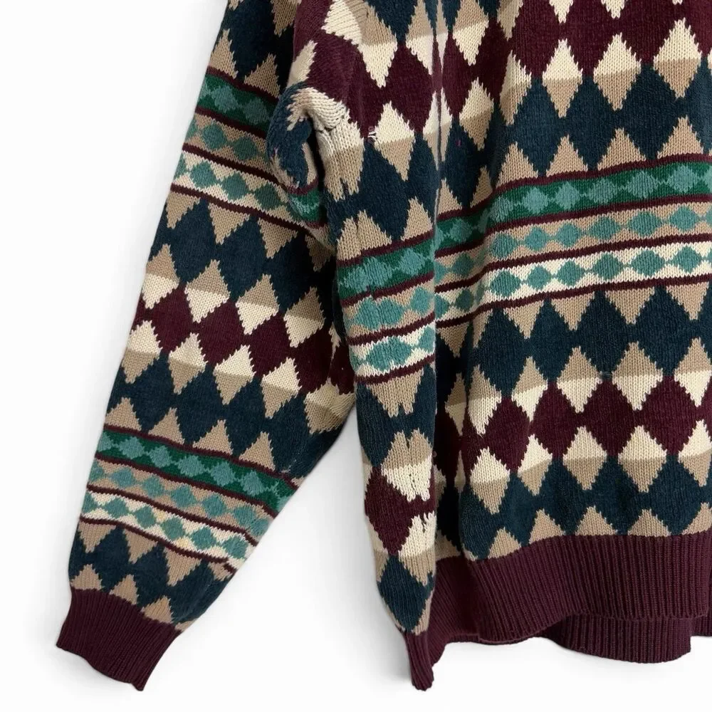 VTG 90s Saks Fifth Avenue 100% Cotton Geometric Grandpa Sweater Multicolor XL